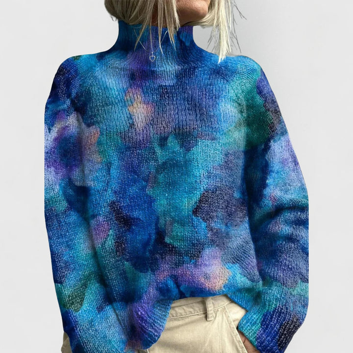 Damen Rollkragen-Pullover mit Blumenmuster Relaxed-Fit Strickoberteil - Blue