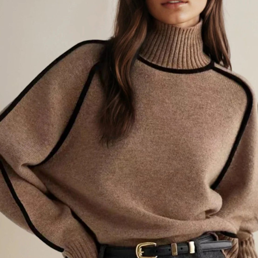 Damen Rollkragen-Pullover mit langen Ärmeln und kontrastierenden Paspeln - Braun