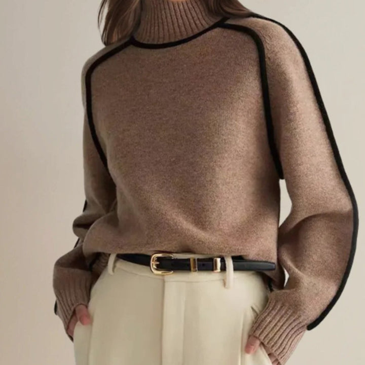 Damen Rollkragen-Pullover mit langen Ärmeln und kontrastierenden Paspeln