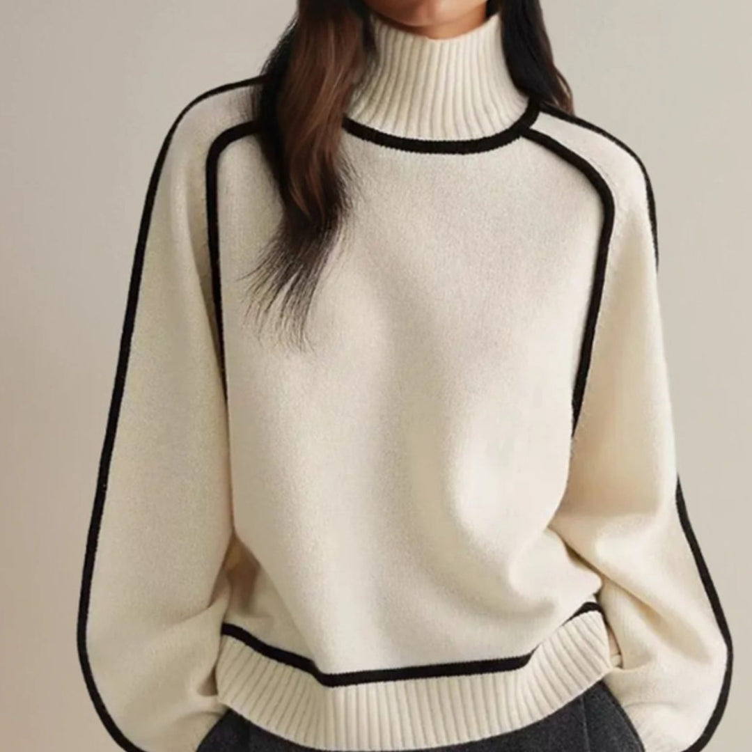 Damen Rollkragen-Pullover mit langen Ärmeln und kontrastierenden Paspeln - Weiß
