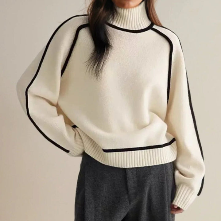 Damen Rollkragen-Pullover mit langen Ärmeln und kontrastierenden Paspeln