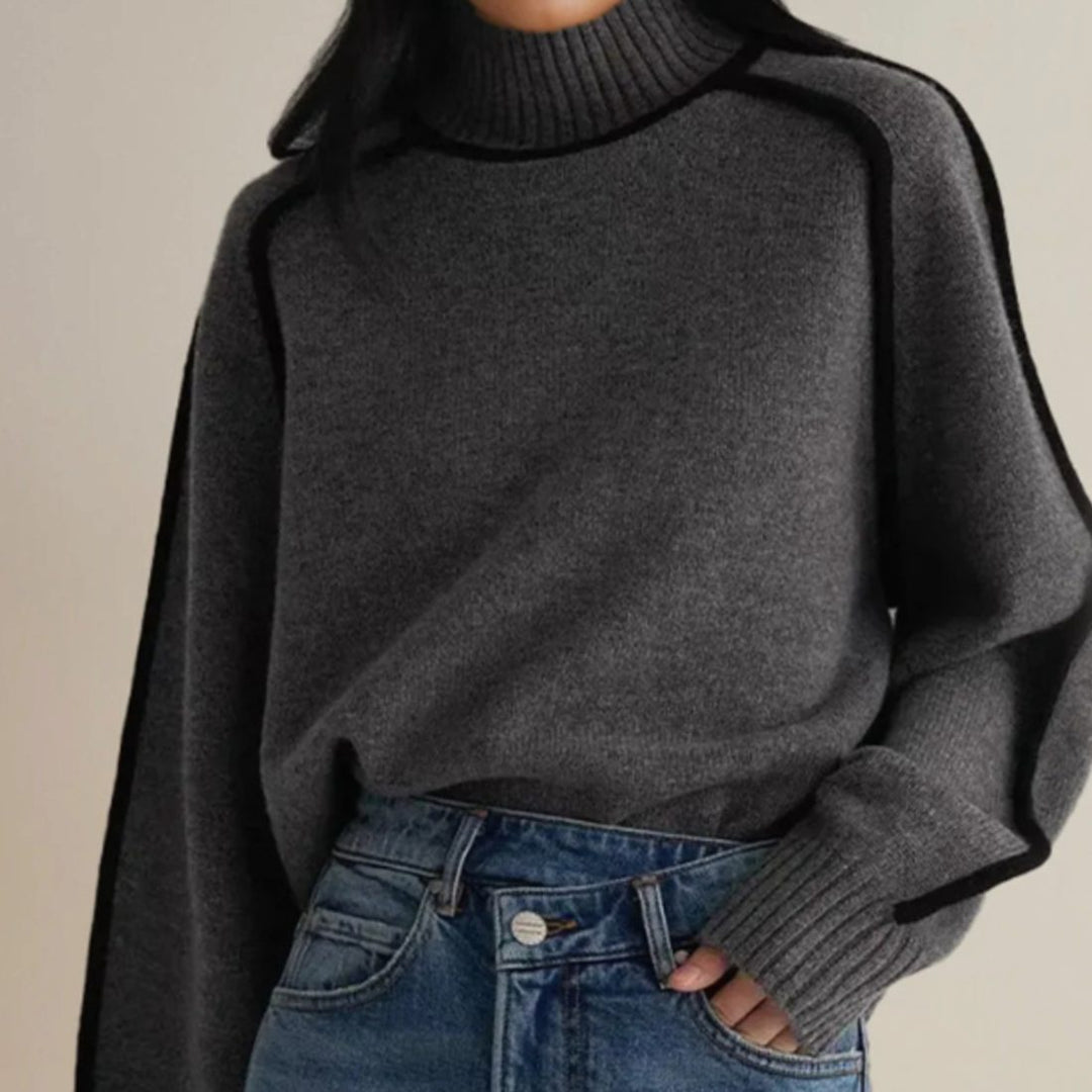 Damen Rollkragen-Pullover mit langen Ärmeln und kontrastierenden Paspeln - Grau