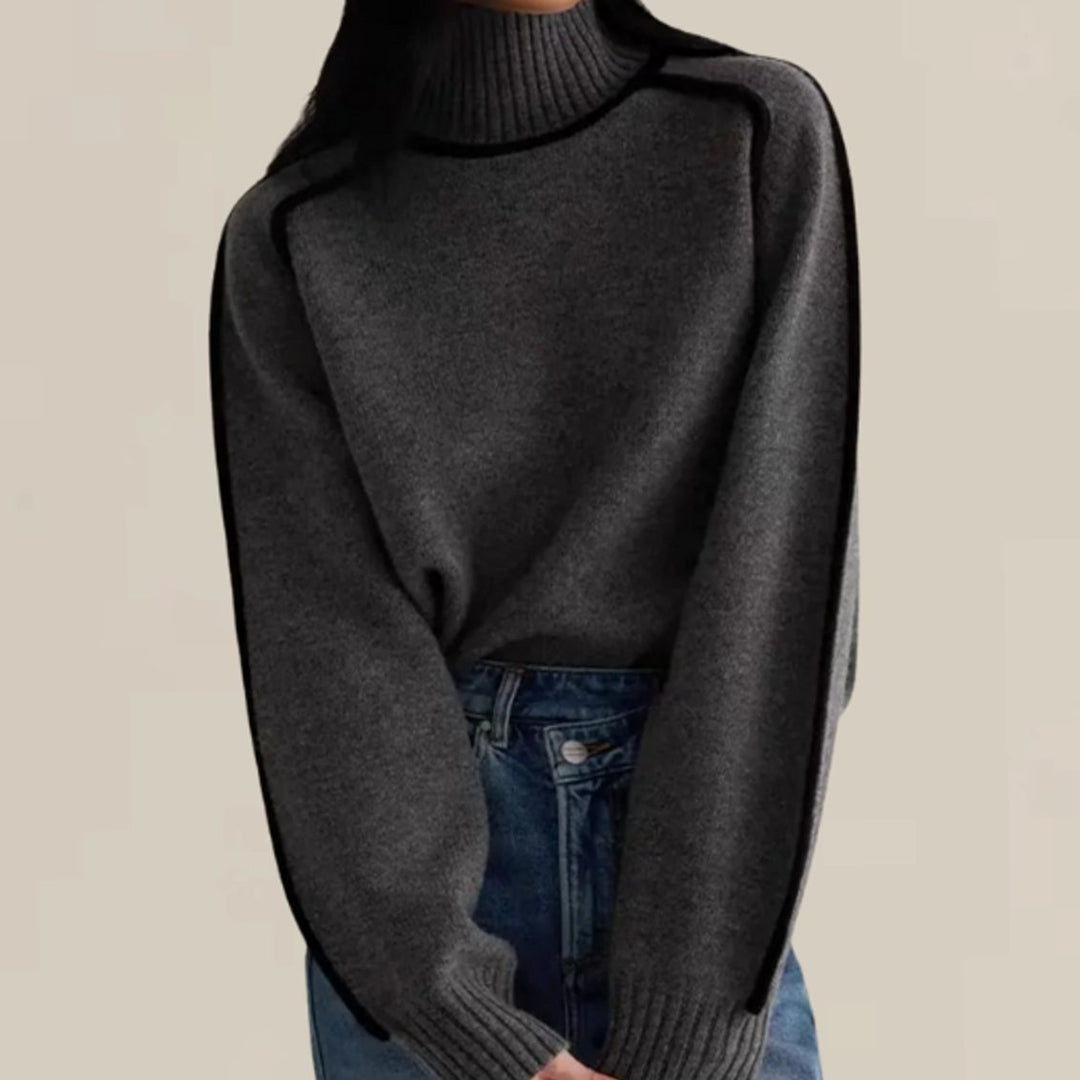 Damen Rollkragen-Pullover mit langen Ärmeln und kontrastierenden Paspeln
