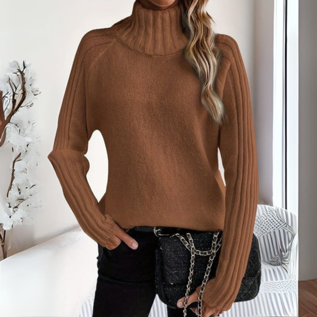 Damen Rollkragen Turtleneck Sweater Rippstrick Langarm Pullover - Braun