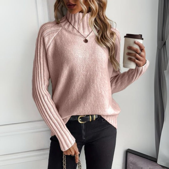 Damen Rollkragen Turtleneck Sweater Rippstrick Langarm Pullover - Rosa