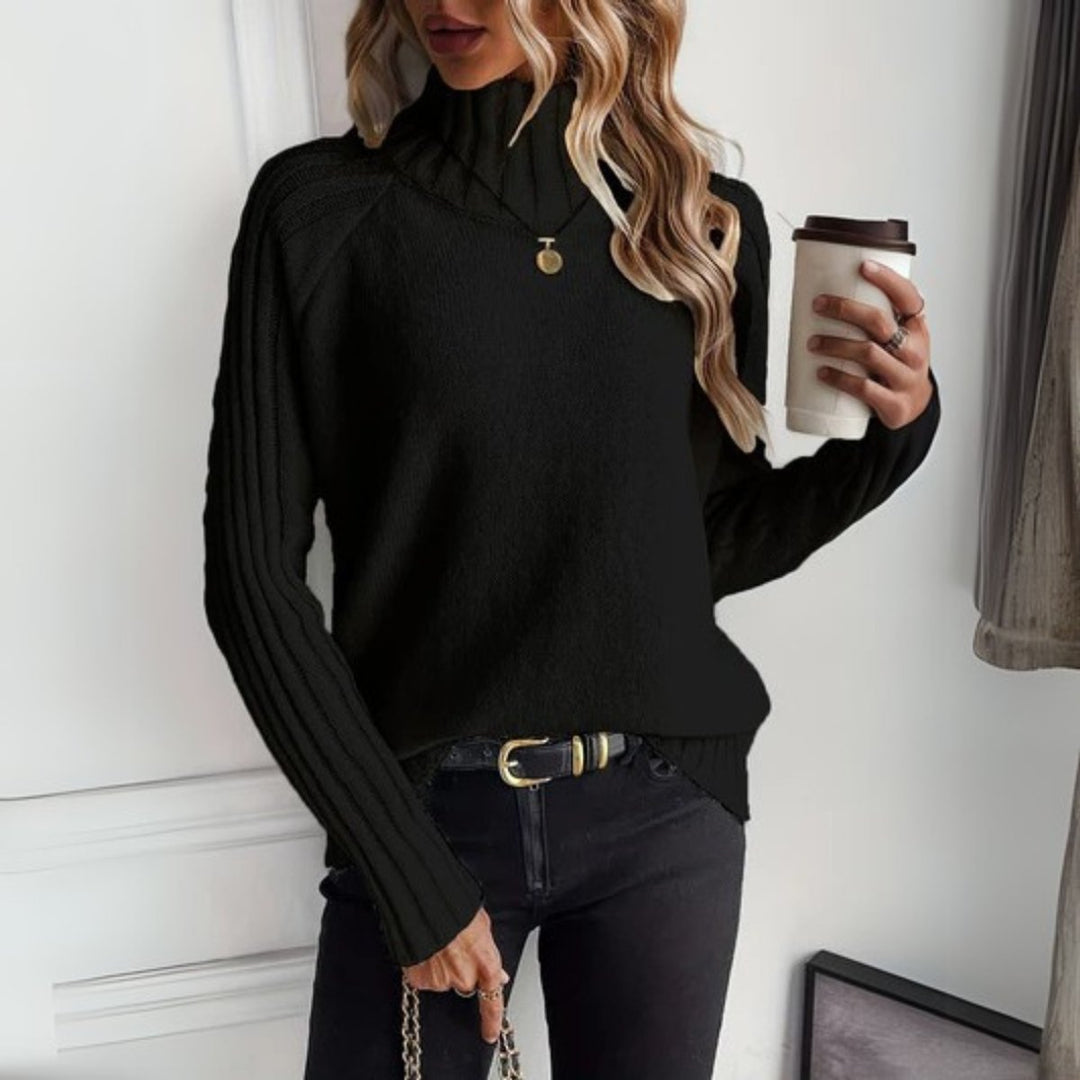 Damen Rollkragen Turtleneck Sweater Rippstrick Langarm Pullover - Schwarz