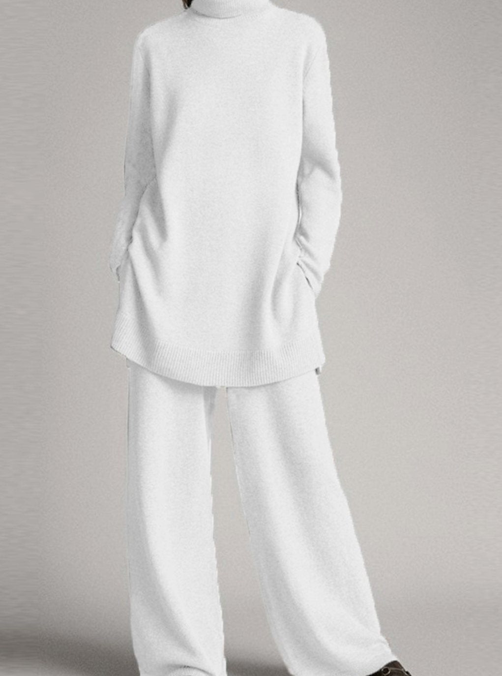 Damen Rollkragenpullover und Weitbein-Hosen-Set Oversize Strick-Zweiteiler - Weiß