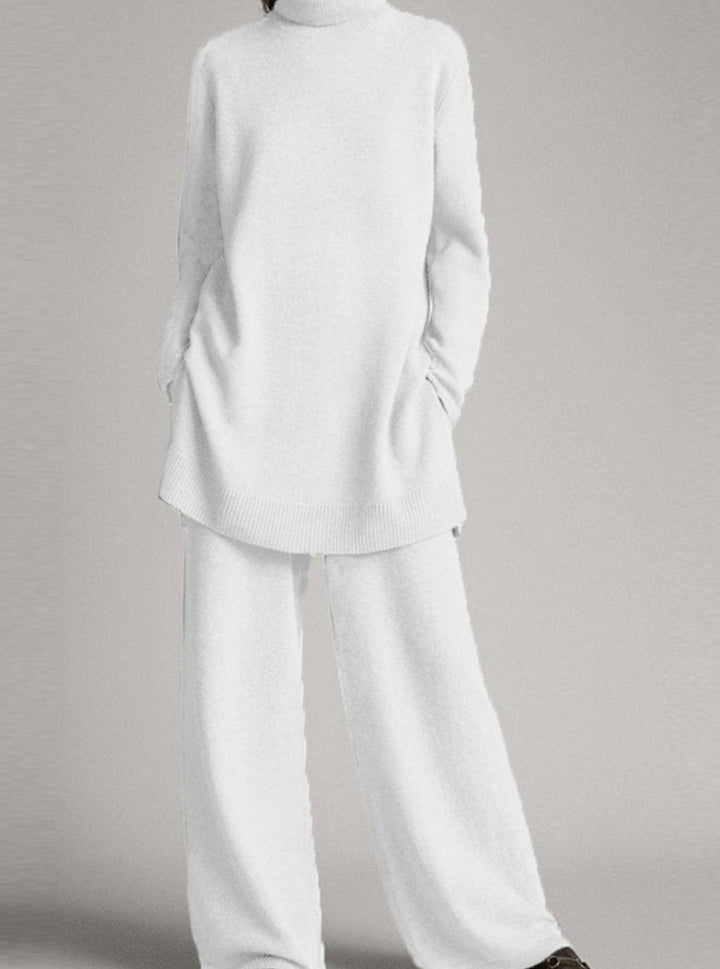 Damen Rollkragenpullover und Weitbein-Hosen-Set Oversize Strick-Zweiteiler - Weiß