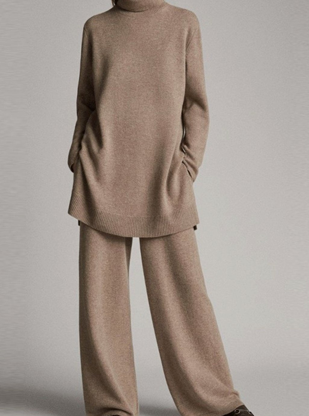 Damen Rollkragenpullover und Weitbein-Hosen-Set Oversize Strick-Zweiteiler - Beige