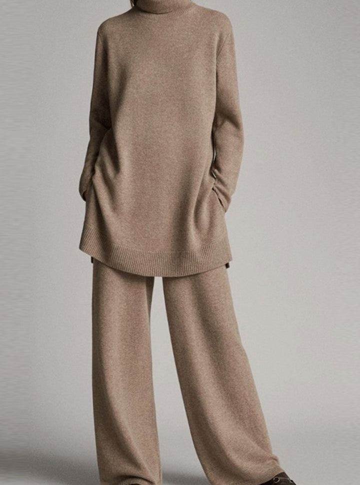 Damen Rollkragenpullover und Weitbein-Hosen-Set Oversize Strick-Zweiteiler - Beige
