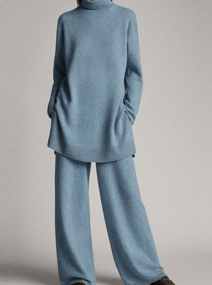 Damen Rollkragenpullover und Weitbein-Hosen-Set Oversize Strick-Zweiteiler - Blau