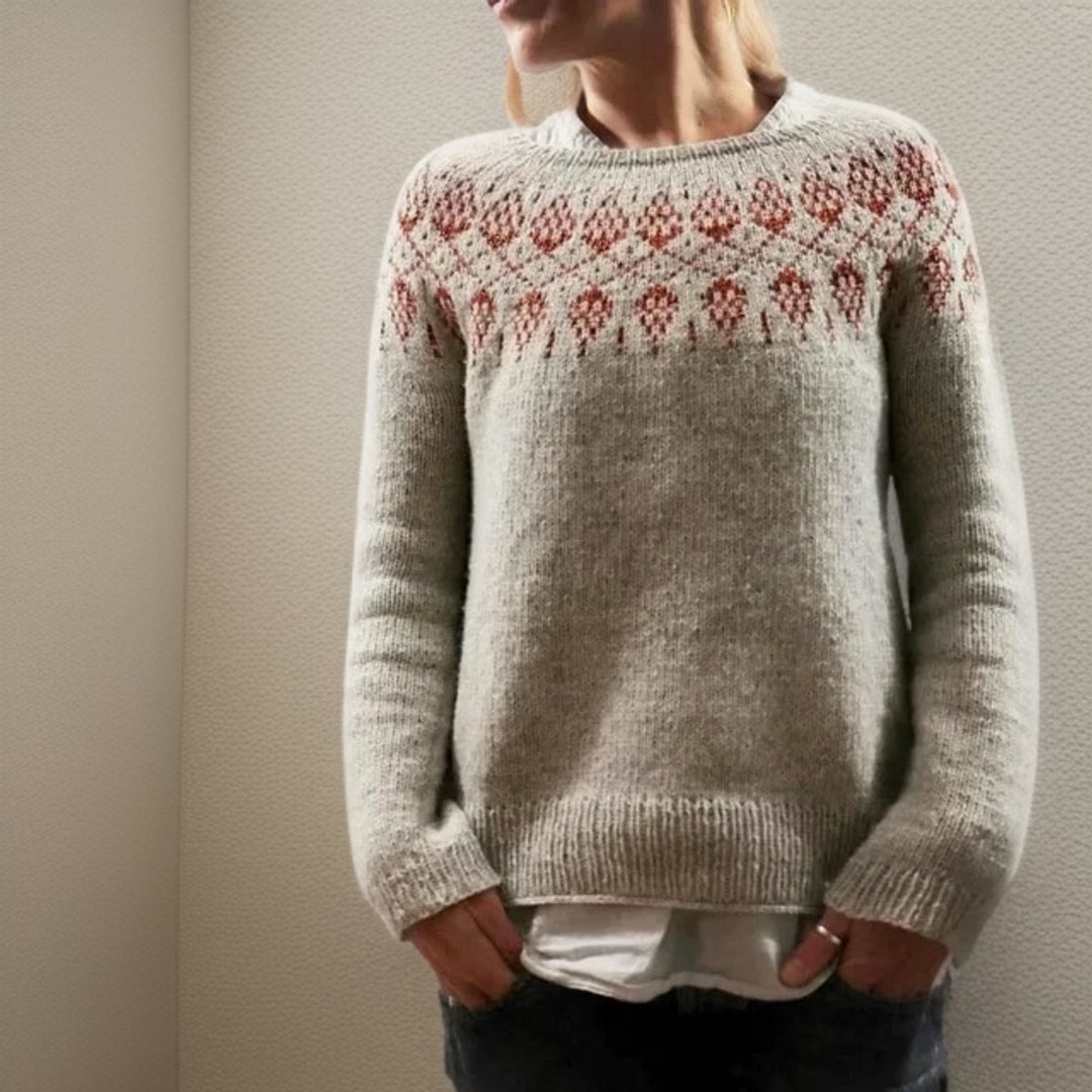 Damen Rundhals Fair-Isle Knit Sweater Isländischer Strickpullover - Grau