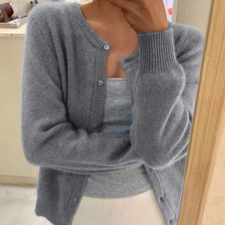 Damen Rundhals-Strickjacke mit langen Ärmeln in Einheitsgröße - Grau