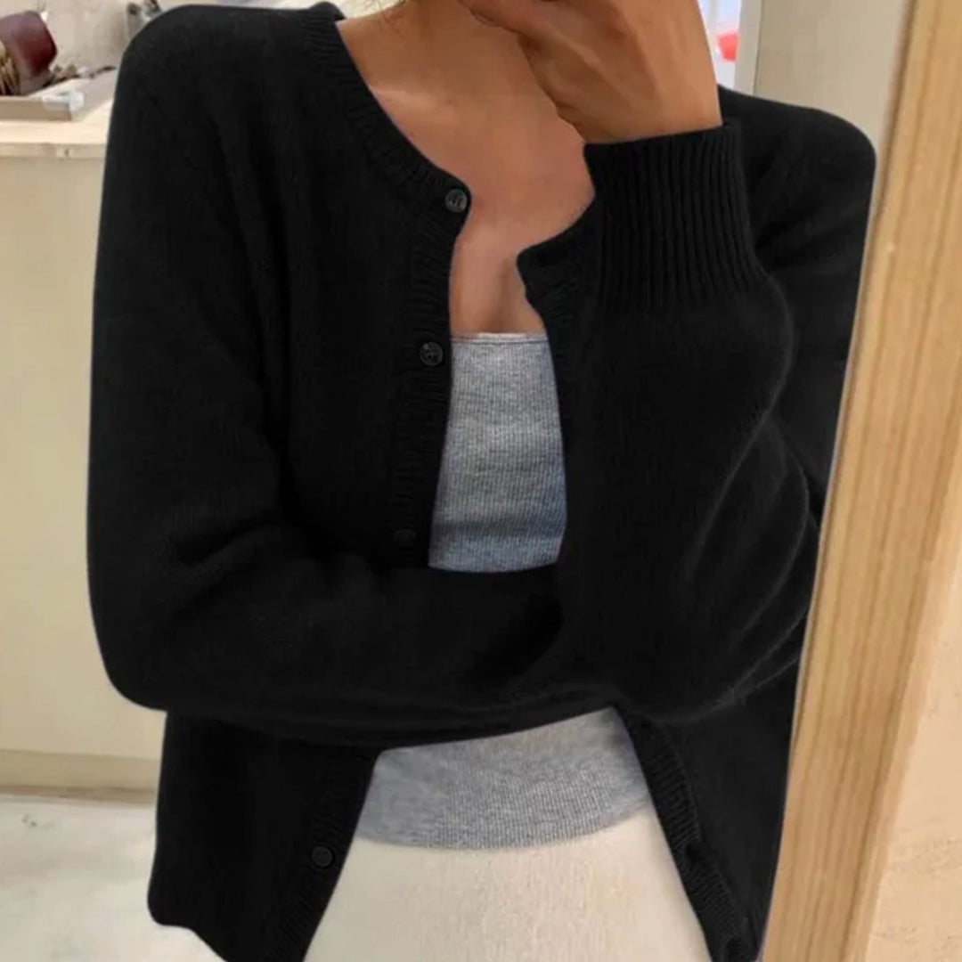 Damen Rundhals-Strickjacke mit langen Ärmeln in Einheitsgröße - Schwarz