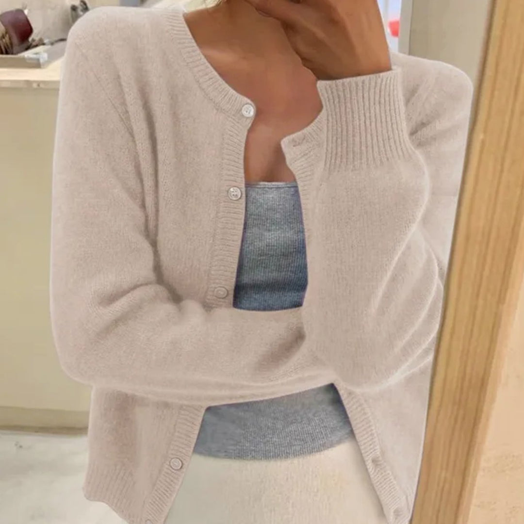 Damen Rundhals-Strickjacke mit langen Ärmeln in Einheitsgröße - Aprikose