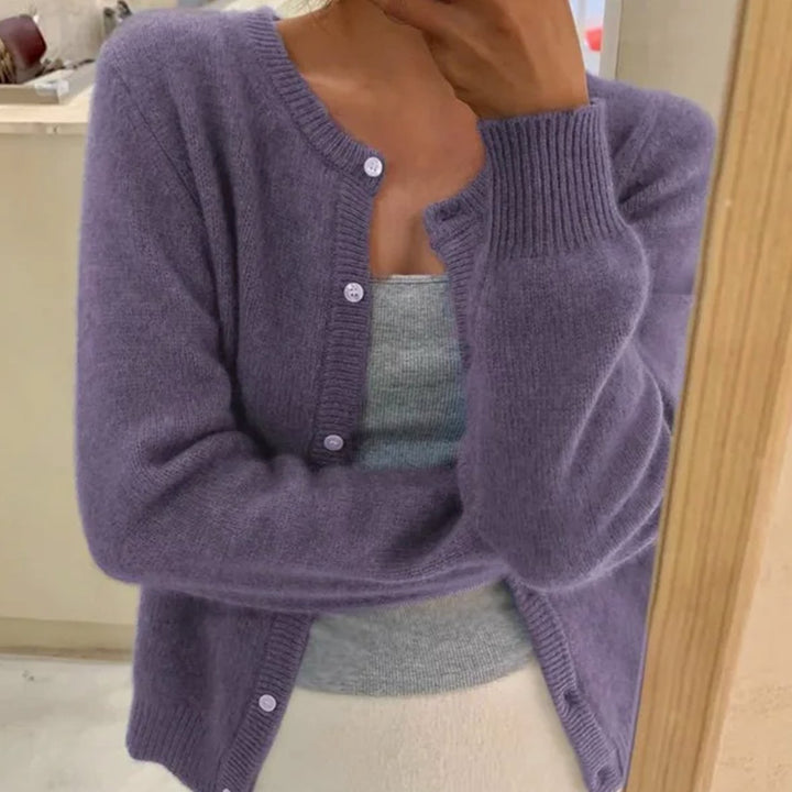 Damen Rundhals-Strickjacke mit langen Ärmeln in Einheitsgröße - Lila