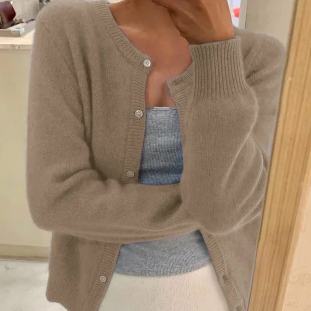 Damen Rundhals-Strickjacke mit langen Ärmeln in Einheitsgröße - Khaki