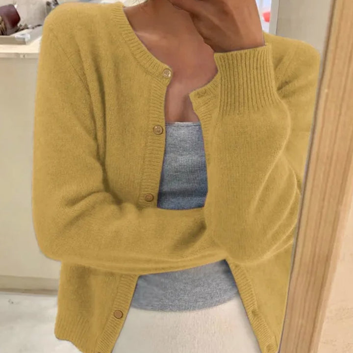 Damen Rundhals-Strickjacke mit langen Ärmeln in Einheitsgröße - Gelb