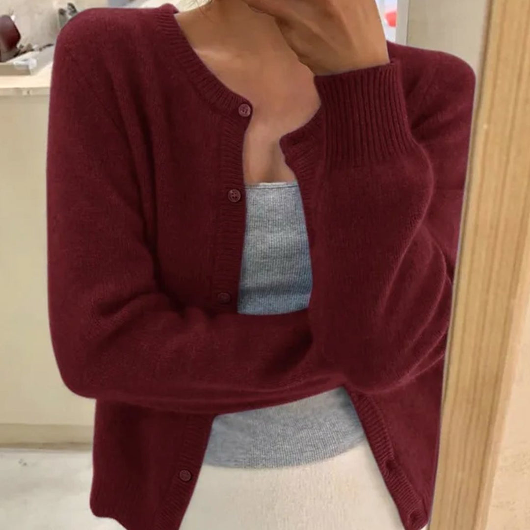 Damen Rundhals-Strickjacke mit langen Ärmeln in Einheitsgröße - Weinrot