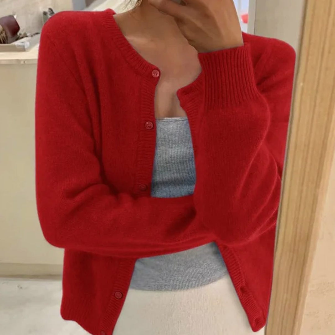 Damen Rundhals-Strickjacke mit langen Ärmeln in Einheitsgröße - Rot
