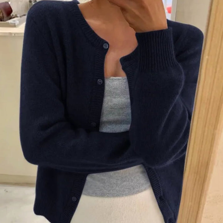 Damen Rundhals-Strickjacke mit langen Ärmeln in Einheitsgröße - Dunkelblau