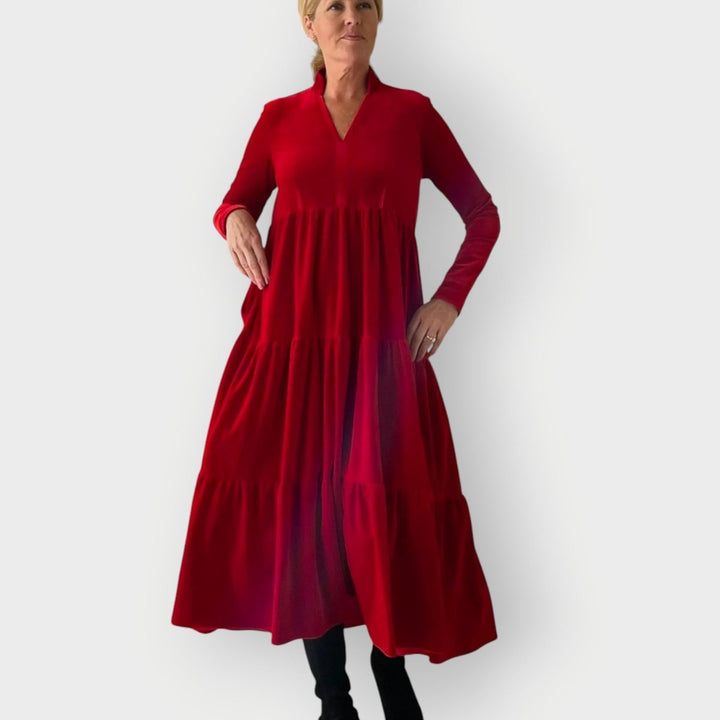 Damen Samt Abendkleid Gestufte Formal Dresses Maxi V-Ausschnitt - Rot