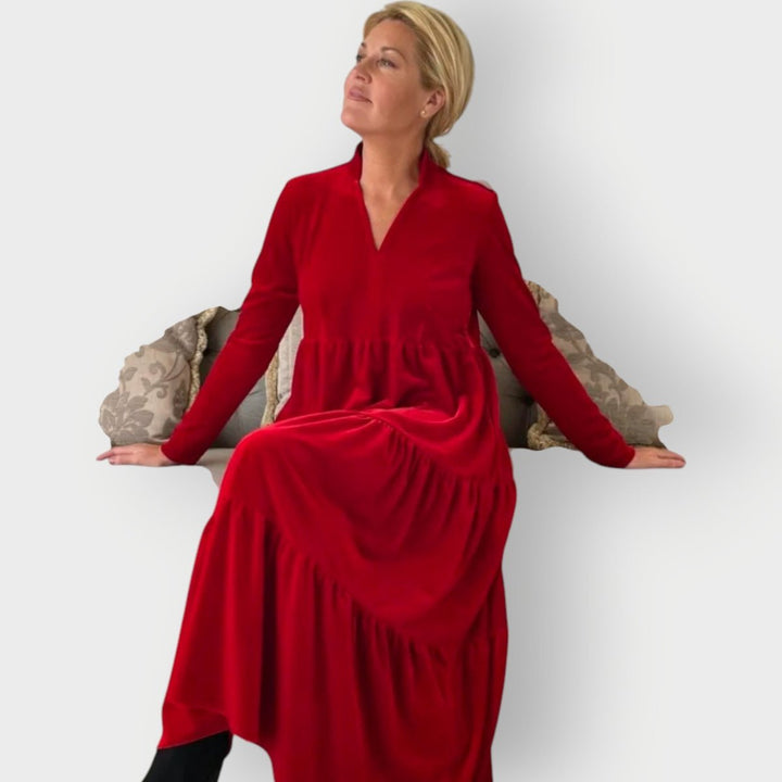 Damen Samt Abendkleid Gestufte Formal Dresses Maxi V-Ausschnitt