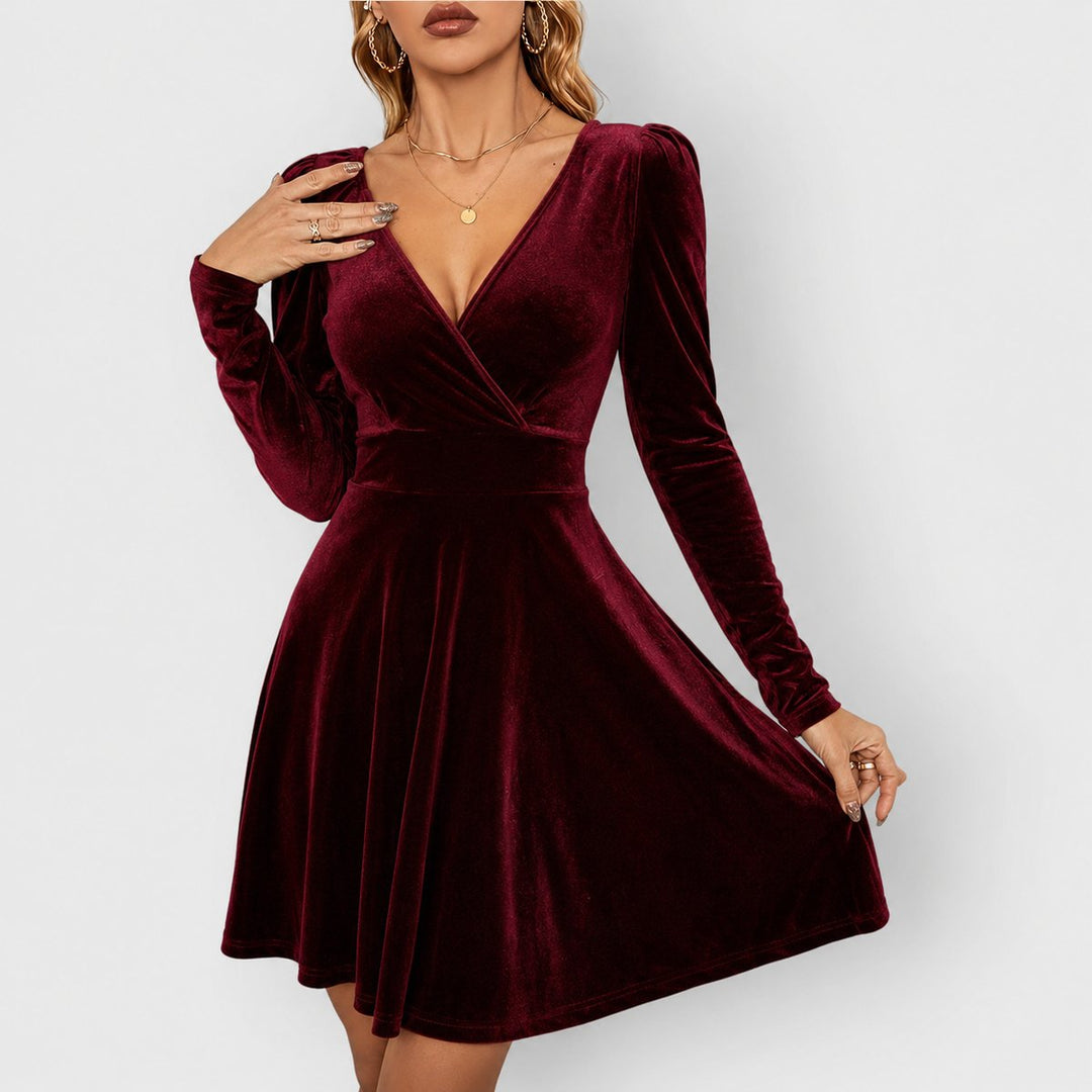 Damen Samt Skaterkleid Elegantes Festkleid V-Ausschnitt Langarm - Rot