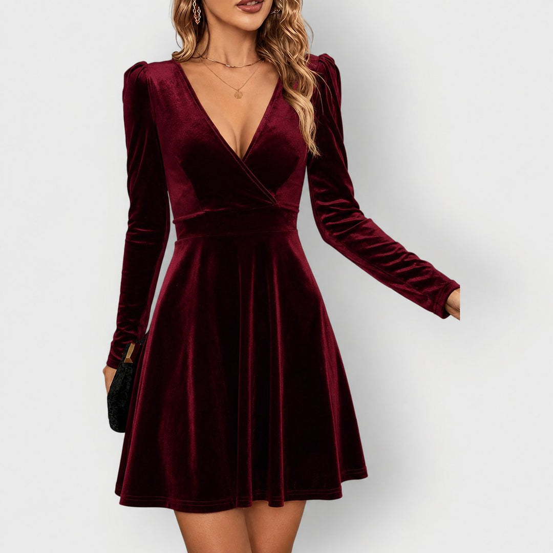 Damen Samt Skaterkleid Elegantes Festkleid V-Ausschnitt Langarm