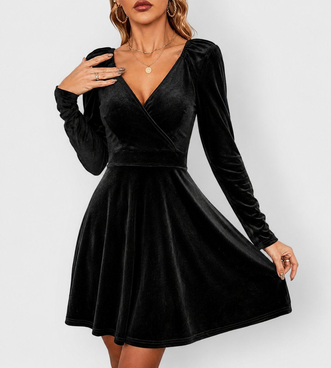 Damen Samt Skaterkleid Elegantes Festkleid V-Ausschnitt Langarm - Schwarz