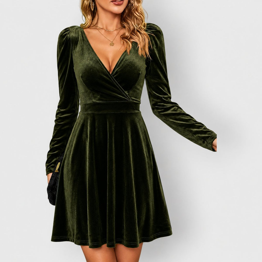 Damen Samt Skaterkleid Elegantes Festkleid V-Ausschnitt Langarm