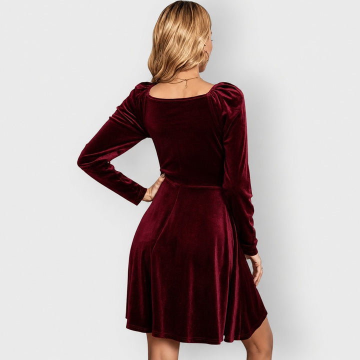 Damen Samt Skaterkleid Elegantes Festkleid V-Ausschnitt Langarm