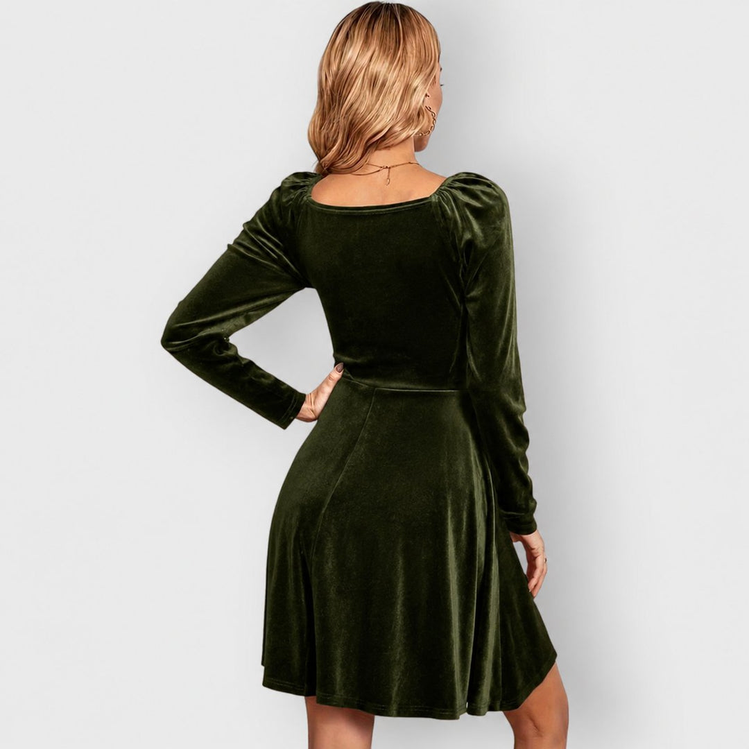 Damen Samt Skaterkleid Elegantes Festkleid V-Ausschnitt Langarm