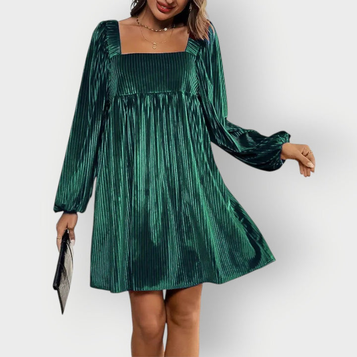 Damen Samtkleid Langarm Abendkleid Formal Dresses Eckausschnitt - Dunkelgrün