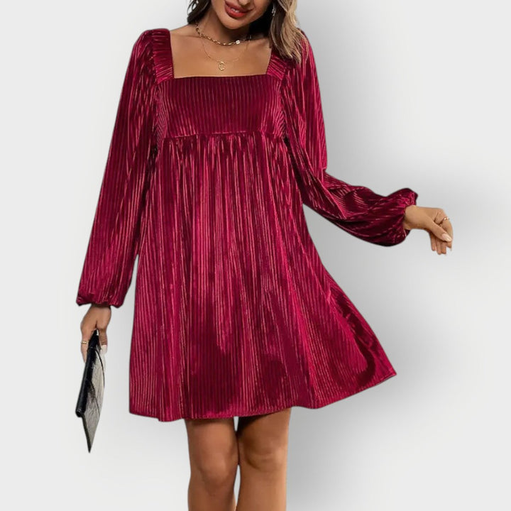 Damen Samtkleid Langarm Abendkleid Formal Dresses Eckausschnitt - Weinrot