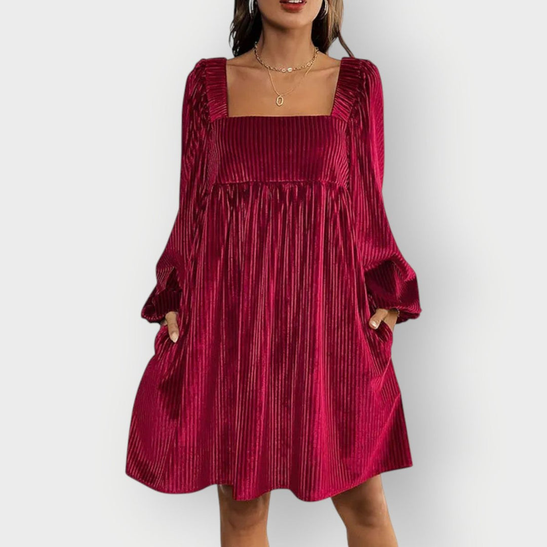 Damen Samtkleid Langarm Abendkleid Formal Dresses Eckausschnitt