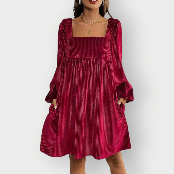 Damen Samtkleid Langarm Abendkleid Formal Dresses Eckausschnitt