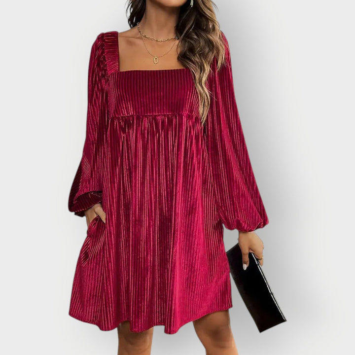 Damen Samtkleid Langarm Abendkleid Formal Dresses Eckausschnitt
