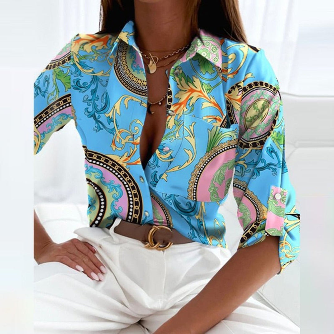 Damen Satin Bluse Geometrischer Print Button-Down - Light Blue