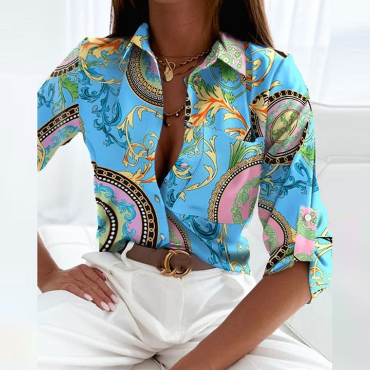 Damen Satin Bluse Geometrischer Print Button-Down - Light Blue