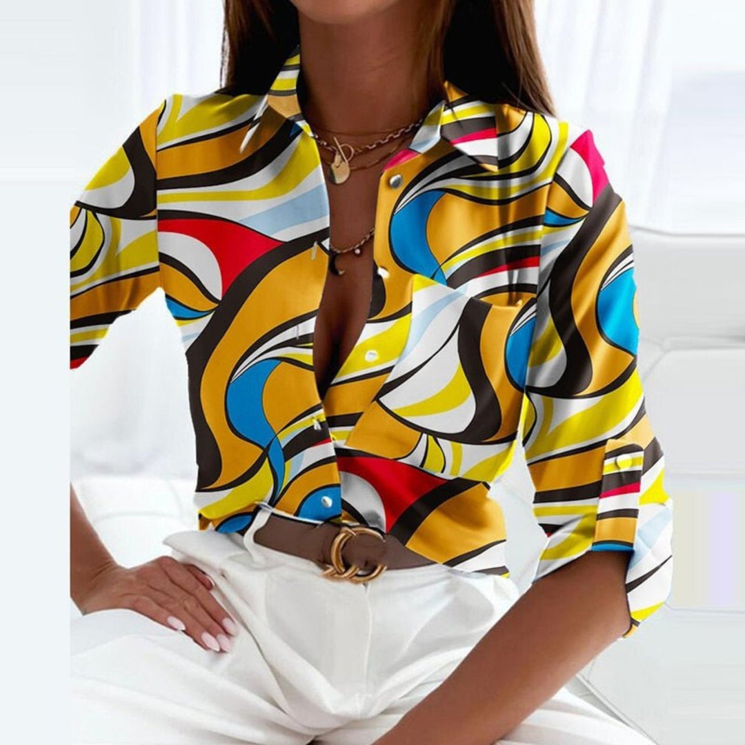 Damen Satin Bluse Geometrischer Print Button-Down - Yellow