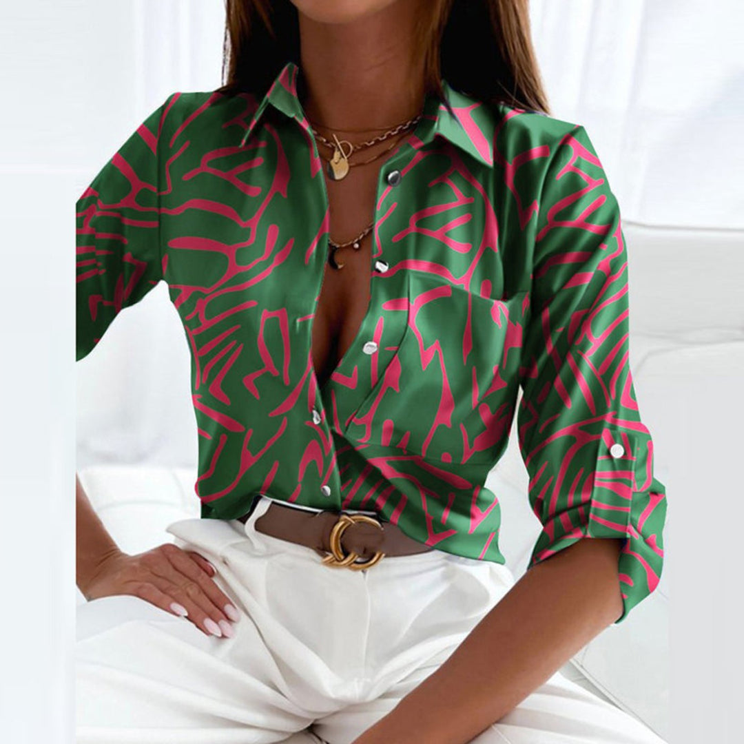 Damen Satin Bluse Geometrischer Print Button-Down - Dark Green