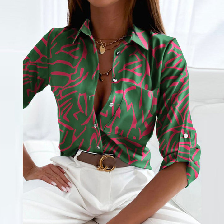 Damen Satin Bluse Geometrischer Print Button-Down - Dark Green