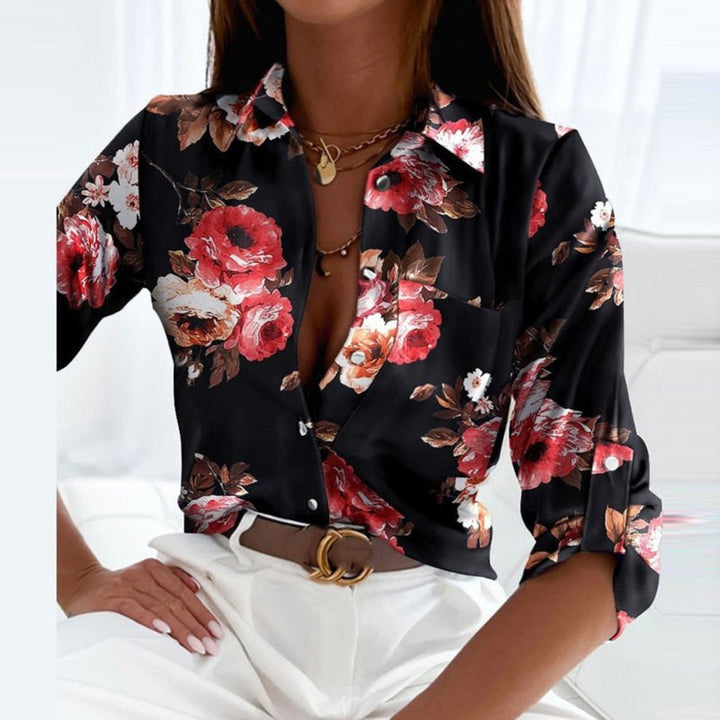 Damen Satin Bluse Geometrischer Print Button-Down - Black
