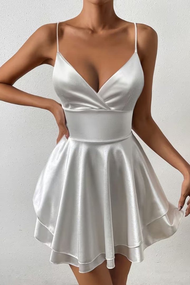 Damen Satin Cocktailkleid V-Ausschnitt offener Rücken ausgestellt Mini - Weiß