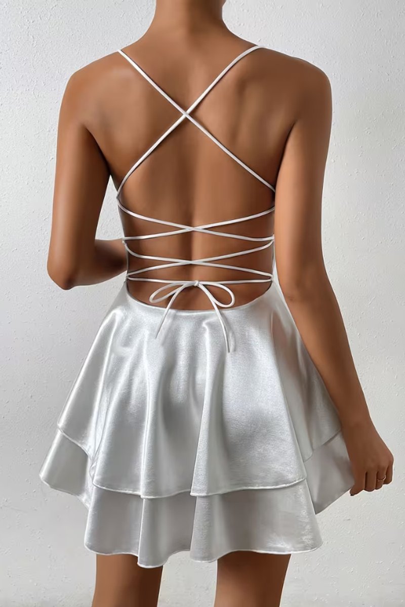 Damen Satin Cocktailkleid V-Ausschnitt offener Rücken ausgestellt Mini