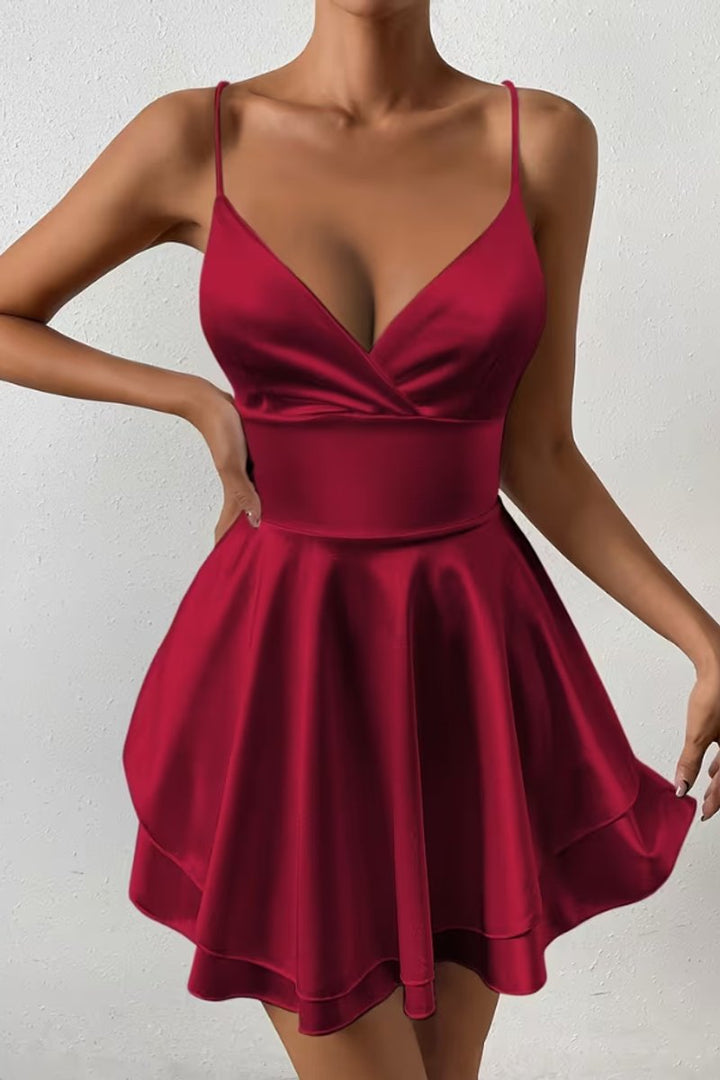 Damen Satin Cocktailkleid V-Ausschnitt offener Rücken ausgestellt Mini - Burgunderrot