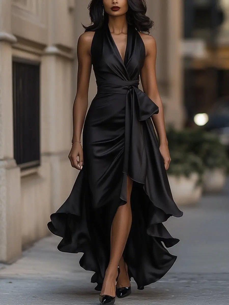 Damen Satin Cocktailparty-Kleid Halterneck Wickelschnitt High-Low-Saum - Schwarz