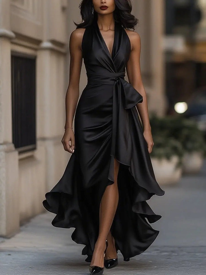 Damen Satin Cocktailparty-Kleid Halterneck Wickelschnitt High-Low-Saum - Schwarz