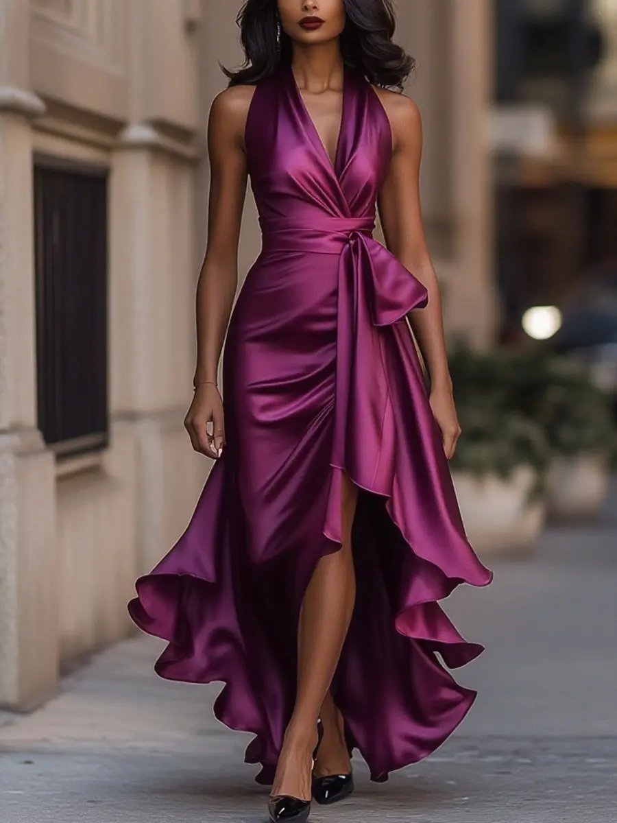 Damen Satin Cocktailparty-Kleid Halterneck Wickelschnitt High-Low-Saum - Fuchsia